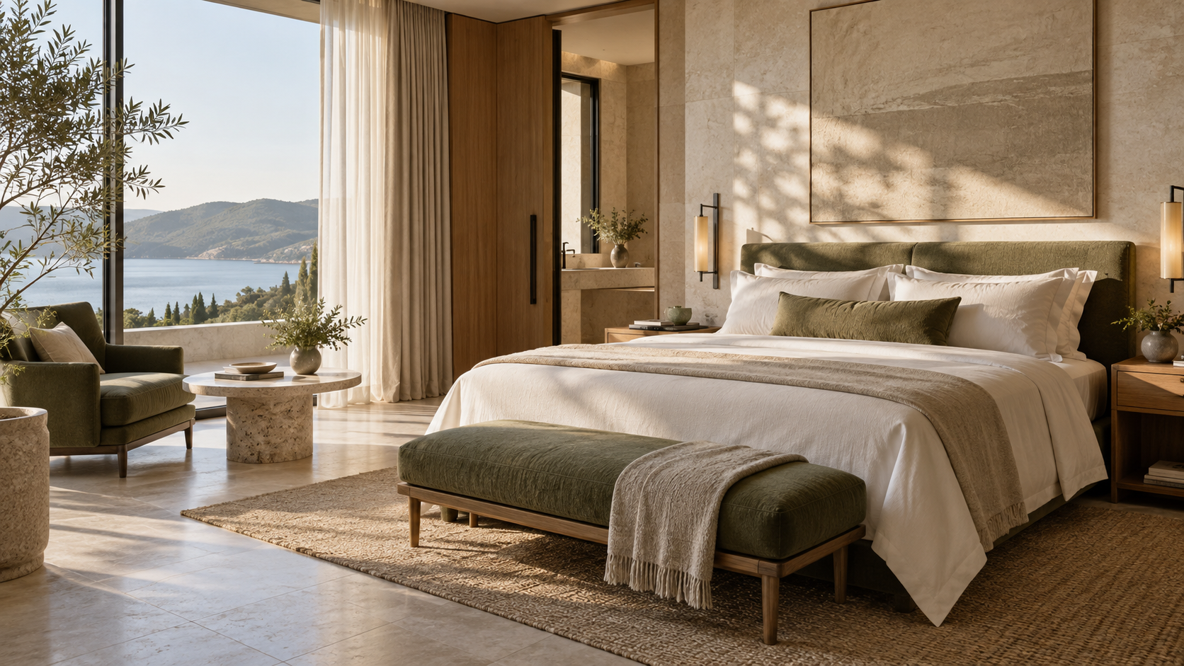 An immaculate hotel suite in warm morning light